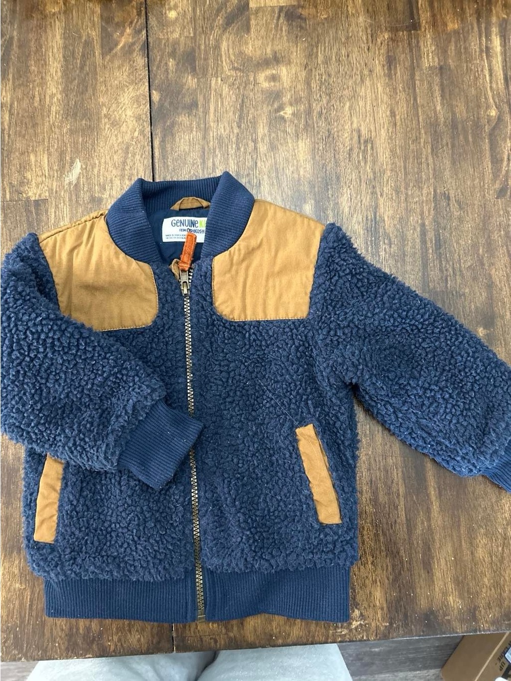 Genuine Kids by OshKosh Navy Sherpa Bomber Jacket with Tan Accents